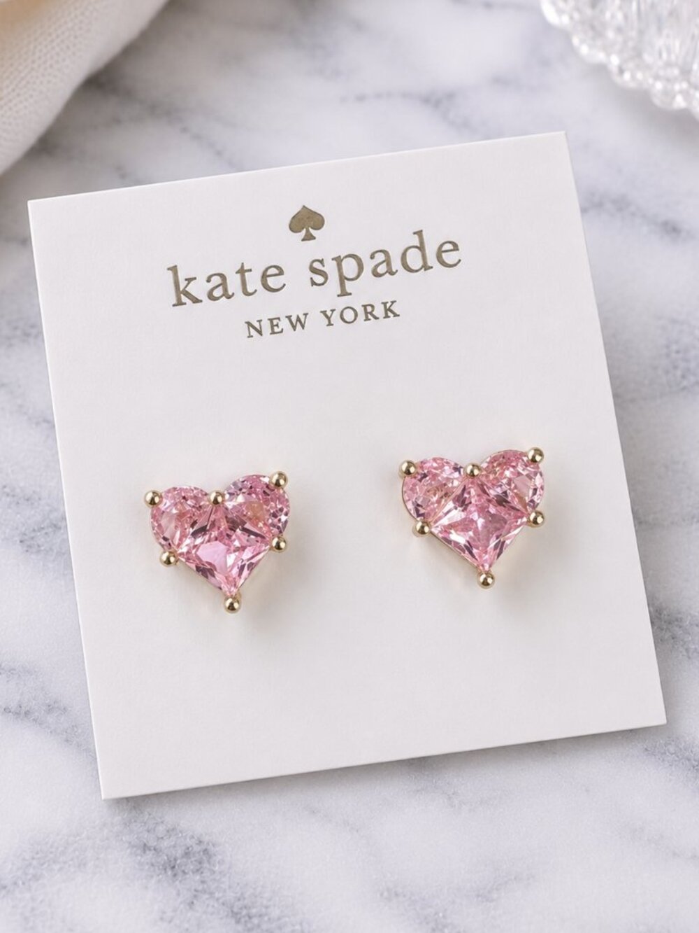 Kate Spade Pink Crystal Heart Stud Earrings Gold Romantic Coquette Jewelry💗